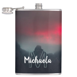 Burning clouds, fog and mountains monogram hip flask
