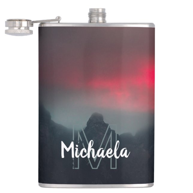 Burning clouds, fog and mountains monogram hip flask (Opened)
