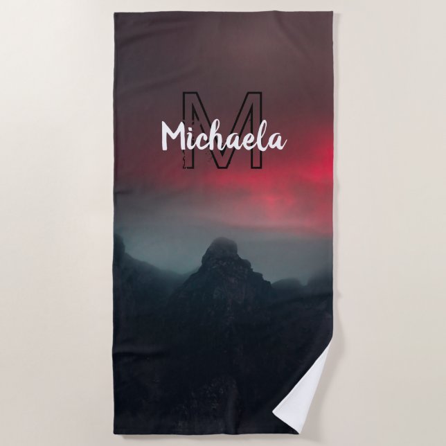 Burning clouds, fog and mountains monogram in sky  beach towel (Front)
