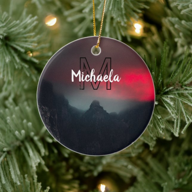 Burning clouds, fog and mountains monogram in sky ceramic ornament (Tree)