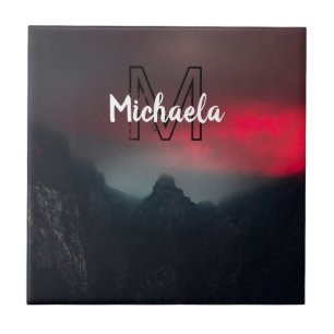 Burning clouds, fog and mountains monogram in sky ceramic tile