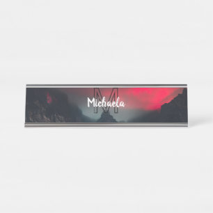 Burning clouds, fog and mountains monogram in sky desk name plate