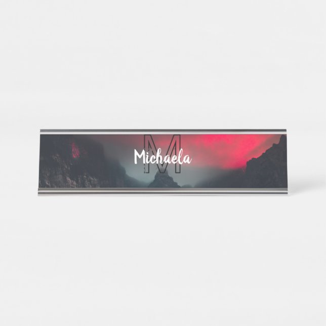 Burning clouds, fog and mountains monogram in sky desk name plate (Front)