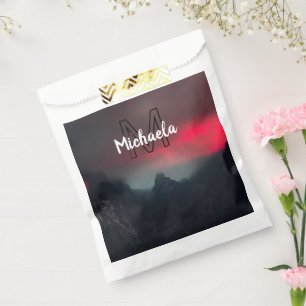 Burning clouds, fog and mountains monogram in sky favour bag