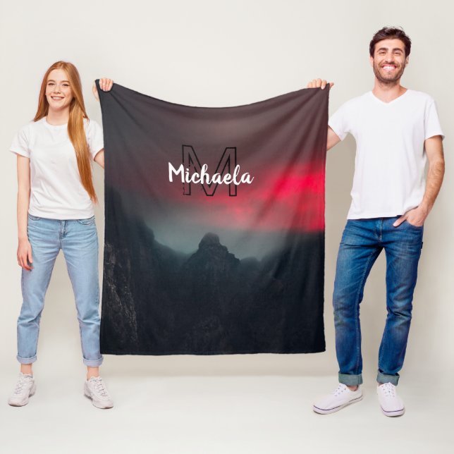 Burning clouds, fog and mountains monogram in sky fleece blanket (In Situ)