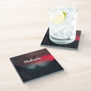 Burning clouds, fog and mountains monogram in sky glass coaster