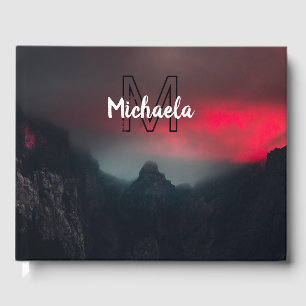 Burning clouds, fog and mountains monogram in sky guest book