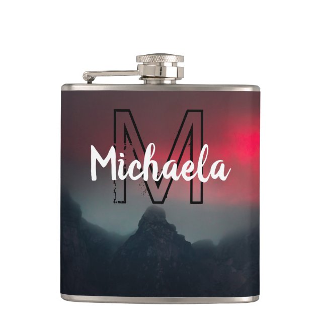 Burning clouds, fog and mountains monogram in sky hip flask (Front)