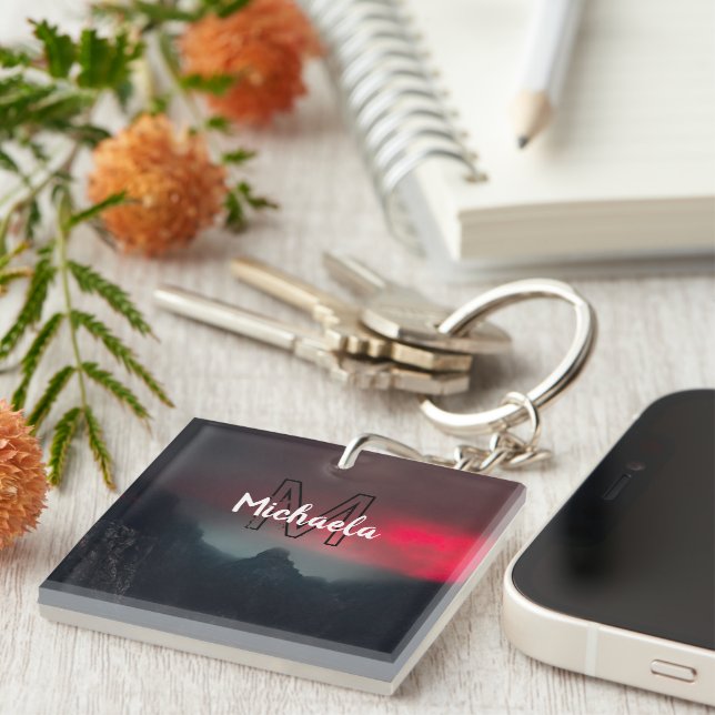 Burning clouds, fog and mountains monogram in sky key ring (Front Right)