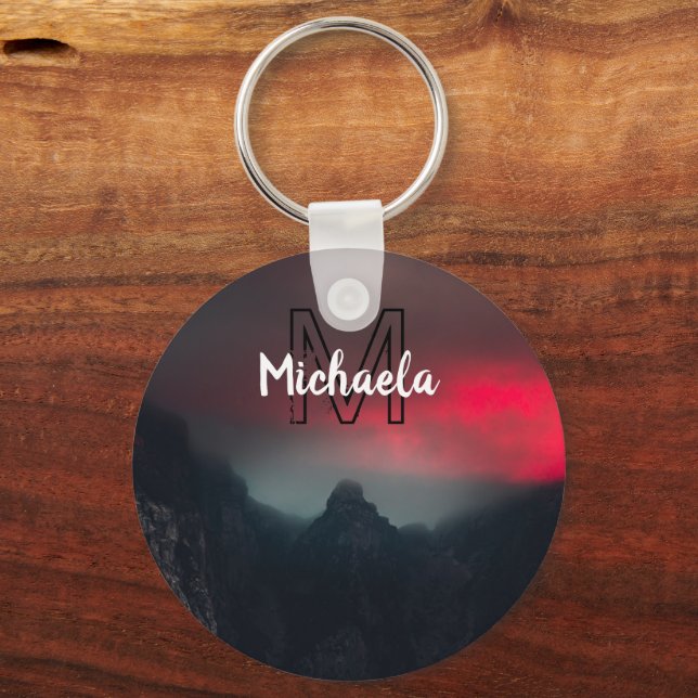 Burning clouds, fog and mountains monogram in sky key ring (Front)