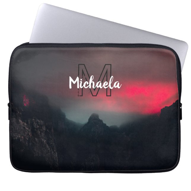 Burning clouds, fog and mountains monogram in sky laptop sleeve (Front)