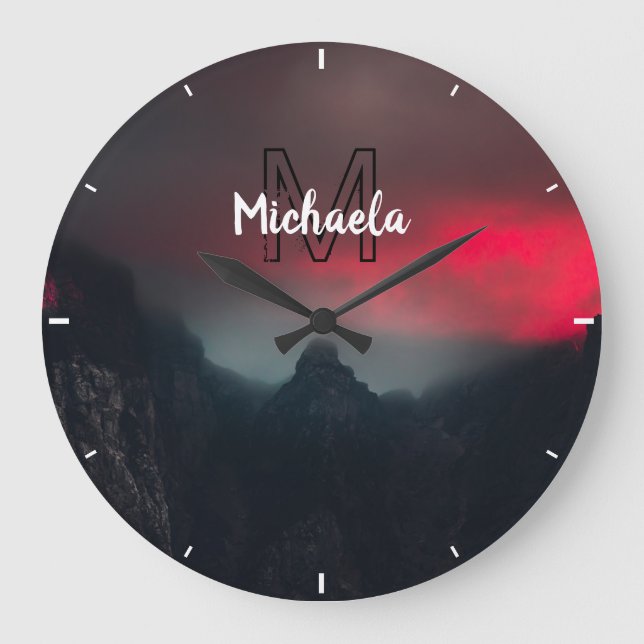 Burning clouds, fog and mountains monogram in sky large clock (Front)
