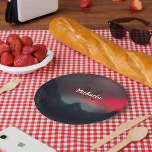 Burning clouds, fog and mountains monogram in sky paper plate