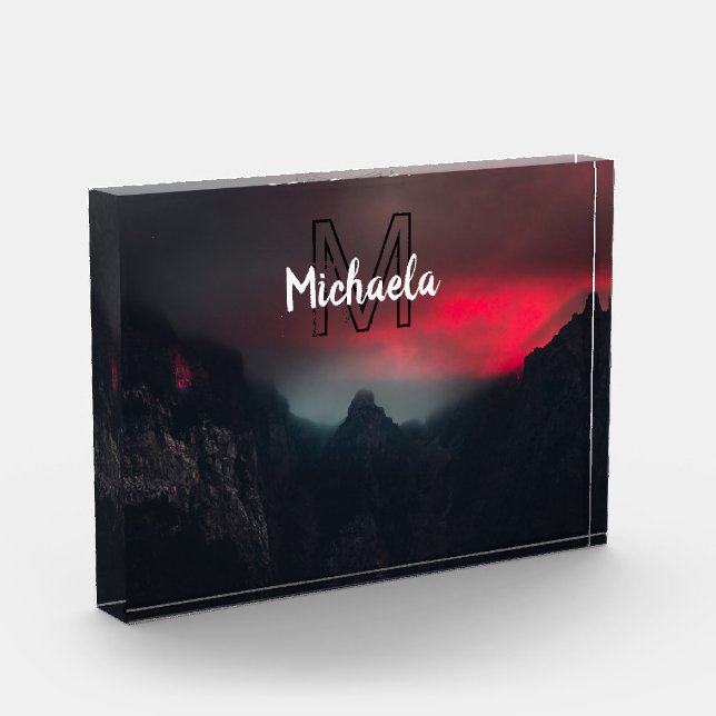 Burning clouds, fog and mountains monogram in sky photo block (Left)