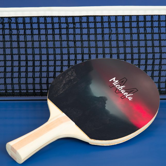 Burning clouds, fog and mountains monogram in sky ping pong paddle (Insitu)