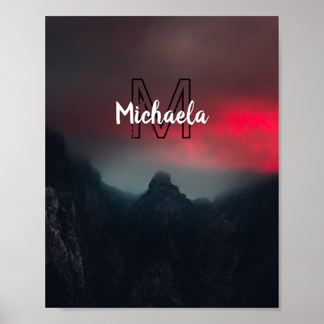 Burning clouds, fog and mountains monogram in sky poster (Front)