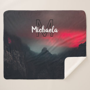Burning clouds, fog and mountains monogram in sky sherpa blanket