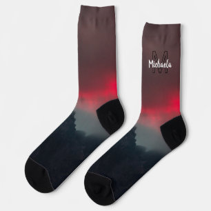 Burning clouds, fog and mountains monogram in sky socks