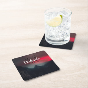 Burning clouds, fog and mountains monogram in sky square paper coaster
