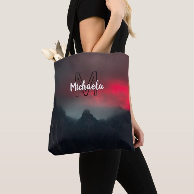 Burning clouds, fog and mountains monogram in sky tote bag (Close Up)
