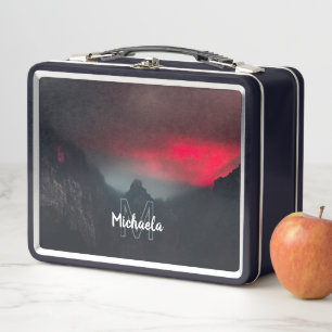 Burning clouds, fog and mountains monogram metal lunch box