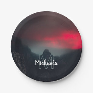 Burning clouds, fog and mountains monogram paper plate