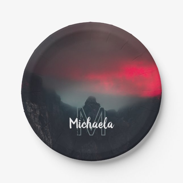 Burning clouds, fog and mountains monogram paper plate (Front)