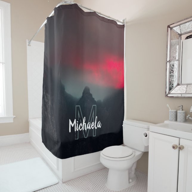 Burning clouds, fog and mountains monogram shower curtain (In Situ)