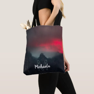 Burning clouds, fog and mountains monogram tote bag