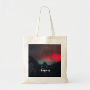 Burning clouds, fog and mountains monogram tote bag