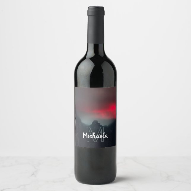 Burning clouds, fog and mountains monogram wine label (Front)