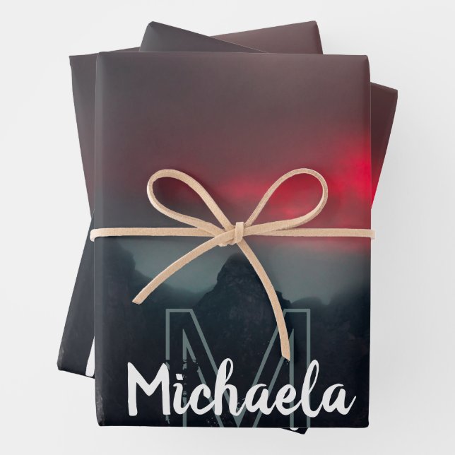 Burning clouds, fog and mountains monogram wrapping paper sheet (In situ)