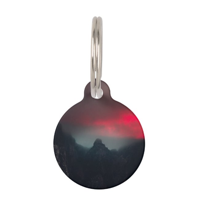 Burning clouds, fog and mountains pet tag (Front)