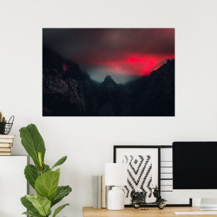 Burning clouds, fog and mountains poster