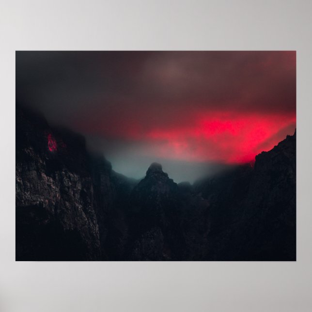 Burning clouds, fog and mountains poster (Front)