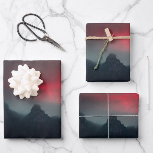 Burning clouds, fog and mountains wrapping paper sheet