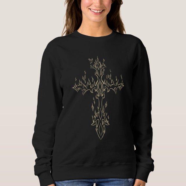 Burning Cross in Flame Emo E Girl Boy Alt Trad Mal Sweatshirt (Front)