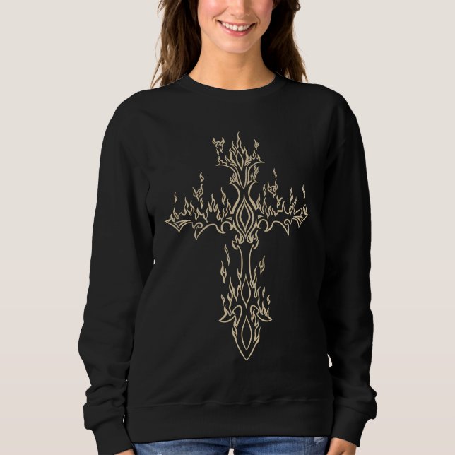 Burning Cross in Flame Emo E Girl Boy Alt Trad Mal Sweatshirt (Front)