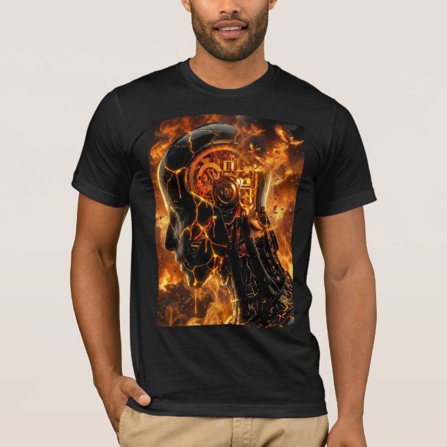 Burning Cyborg Head Fiery Phoenix Graphic T-Shirt (Front)