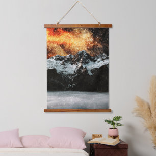 Burning galaxy above majestic mountains hanging tapestry