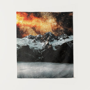 Burning galaxy above majestic mountains tapestry