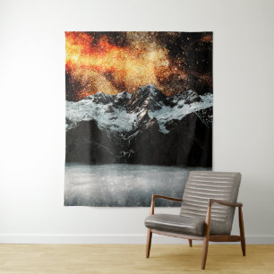 Burning galaxy above majestic mountains tapestry