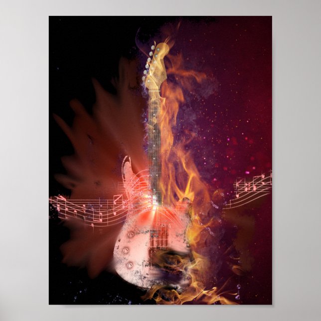 Burning Guitar and Musical Notes Picture Poster (Front)