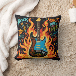 Burning guitar ignites the spirit of rock music cushion