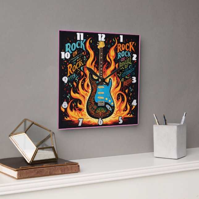 Burning guitar ignites the spirit of rock music square wall clock (Office)