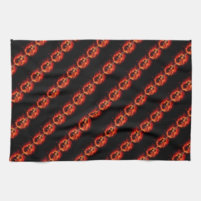 Burning Guitar, Orange Flames Music Rock Band Tea Towel (Horizontal)
