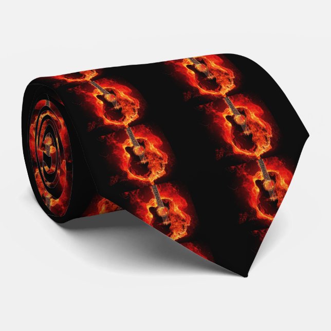 Burning Guitar, Orange Flames Music Rock Band Tie (Rolled)
