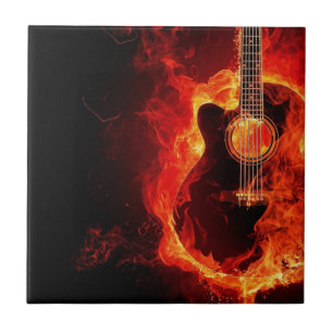 Burning Guitar, Orange Flames Music Rock Band Tile