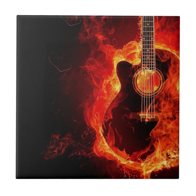 Burning Guitar, Orange Flames Music Rock Band Tile (Front)