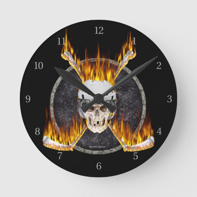 Burning Hockey Sticks Round Clock (Front)